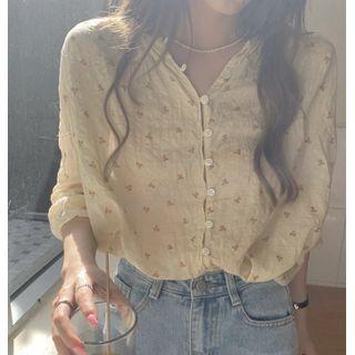 Long-sleeve Floral Printed Shirt Almond - One Size