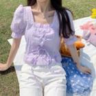 Square-neck Balloon-sleeve Lace-up Blouse