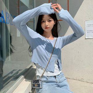 Mock Two-piece Long-sleeve Lettuce Edge T-shirt Blue - One Size