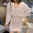 Long-sleeve Plain Hooded Pullover Dress White - One Size
