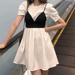 Set: Short-sleeve Mini A-line Dress + Vest