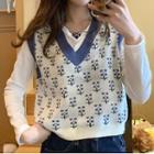 V-neck Floral Cropped Knit Vest