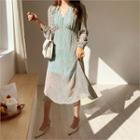 V-neck Tie-waist Floral Print Dress Mint Green - One Size