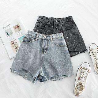 Frayed Hem Wide-leg Rhinestone Denim Shorts