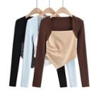 Long-sleeve Square-neck Two-tone Ruched Cropped Top