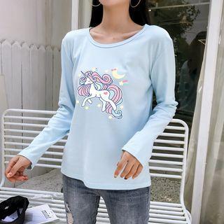 Long-sleeve Cartoon Unicorn Print T-shirt