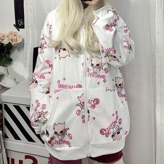 Cartoon Print Zip-up Hooded Jacket White - One Size