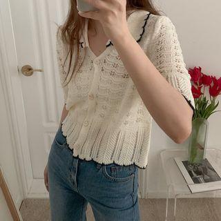 Short-sleeve Pointelle Knit Top Amond - One Size