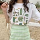 Cactus Print Short-sleeve / Plaid Midi A-line Skirt