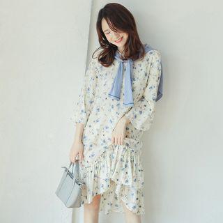 3/4-sleeved Ruffled-hem Floral Dress