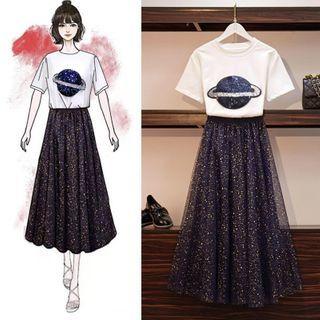Set: Short-sleeve Planet Sequined T-shirt + Star Print Midi Mesh Skirt