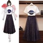 Set: Short-sleeve Planet Sequined T-shirt + Star Print Midi Mesh Skirt