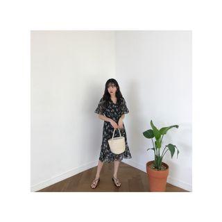 Wrap-front Floral Chiffon Midi Dress
