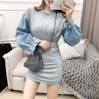 Denim-sleeve Drawstring Mini Sheath Dress