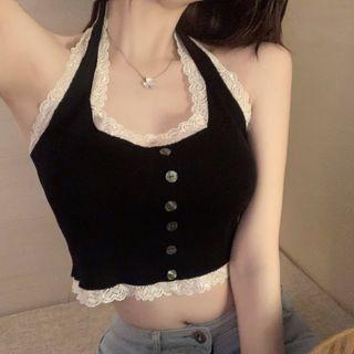 Halter-neck Lace Trim Knit Crop Tank Top