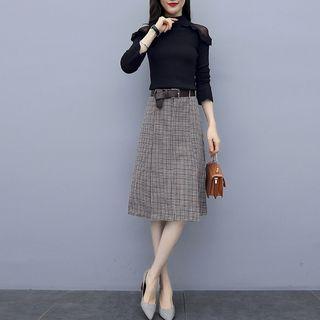 Set: Long-sleeve Top + Plaid Knit Skirt