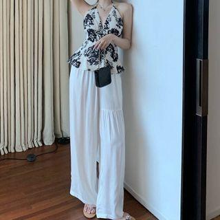 Halter-neck Floral Camisole Top / Cardigan / Wide-leg Pants