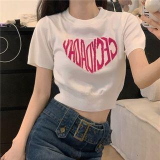 Short-sleeve Lettering Crop Knit Top