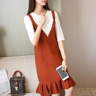 Elbow-sleeve Mock Two-piece Knit Dress