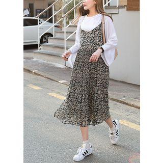 Spaghetti-strap Pleated Floral Long Dress