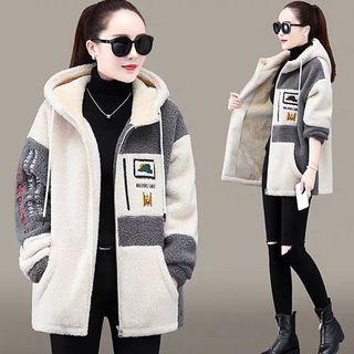 Hooded Long-sleeve Color Block Faux Wool Panel Zip Jacket