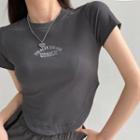 Round-neck Lettering Embroidered Short-sleeve Cropped Tee