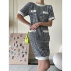 Short-sleeve Plaid Knit Mini Sheath Dress Black & White - One Size