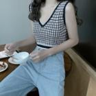 Sleeveless Plaid V-neck Cropped Knit Top As Shown In Figure - One Size