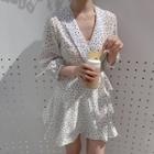 Long-sleeve Dotted Mini Wrap Dress