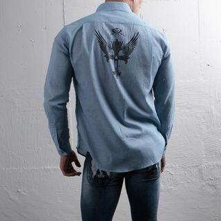 Pocket-front Wing-print Shirt (blue)