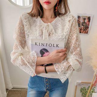Wide-collar Ruffle-cuff Lace Blouse