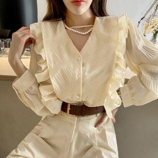 V-neck Button-up Frill Blouse