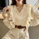 V-neck Button-up Frill Blouse