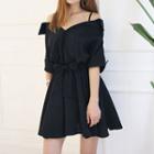 Elbow-sleeve Cold Shoulder A-line Shirt Dress