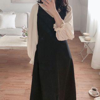 Long-sleeve Open-collar Top / Spaghetti Strap Midi A-line Dress