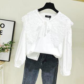 Long-sleeve Lace-collar Top White - One Size