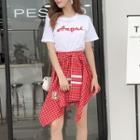 Set: Lettering Embroidered Short-sleeve T-shirt + Check A-line Skirt