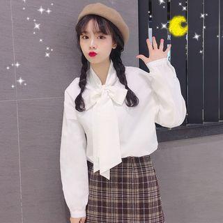 Bow Lantern-sleeved Shirt White - One Size