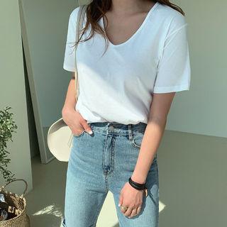 Plunge-neck Short-sleeve T-shirt White - One Size