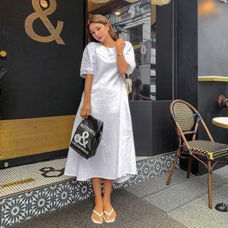 Puff-shoulder Lace-trim Shift Dress