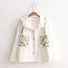 Floral Embroidery Hooded Buttoned Jacket