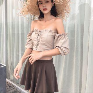 Set: 3/4-sleeve Lace Up Swim Top + Skirt + Bottom