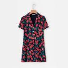 Short-sleeve V-neck Cherry Print Mini Sheath Shirt Dress