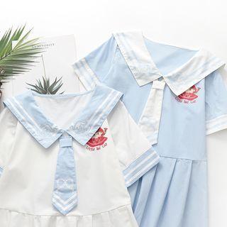 Sailor Collar Cartoon Print Midi A-line Dress