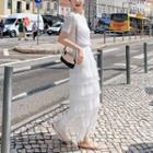 Set: Short-sleeve Textured T-shirt + Tiered Fringed Maxi A-line Skirt