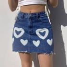 Heart Print Frayed Denim Mini Pencil Skirt