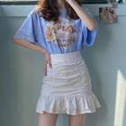 Short-sleeve Angel Print T-shirt / Shirred A-line Skirt