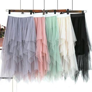 Bead Detail Asymmetric-hem Mesh Skirt