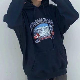 Cartoon Print Hoodie Navy Blue - One Size