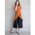 Set: Short-sleeve Printed Top + Wide-leg Pants